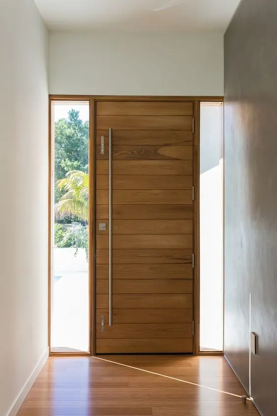 Puerta de exterior, puerta de lujo en alumio acabado madera y vidrio templado
